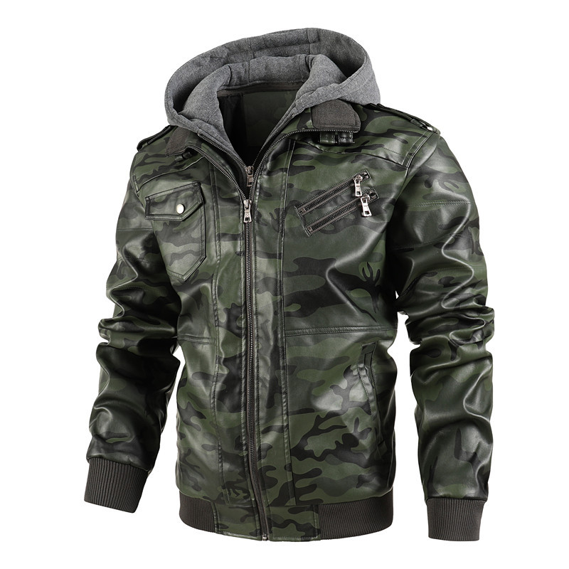 Leather Work Hat - Men Hooded Leather Jackets Camouflage Casual