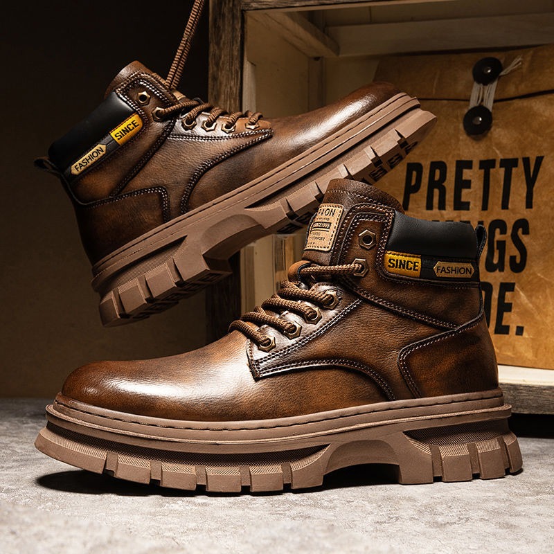 Leather Work Fabric - Vintage Men Platform Ankle Boots Autumn